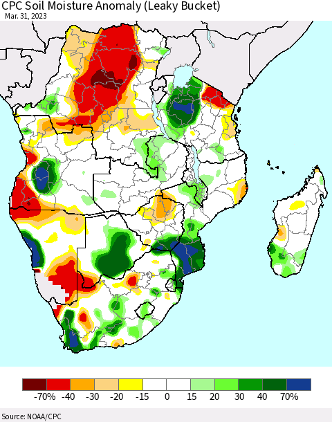Southern Africa CPC Soil Moisture Anomaly (Leaky Bucket) Thematic Map For 3/26/2023 - 3/31/2023