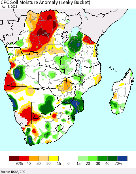 Southern Africa CPC Soil Moisture Anomaly (Leaky Bucket) Thematic Map For 4/1/2023 - 4/5/2023