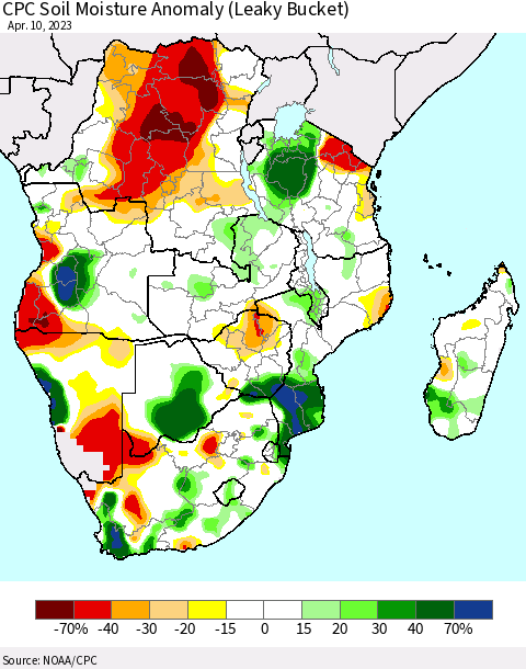 Southern Africa CPC Soil Moisture Anomaly (Leaky Bucket) Thematic Map For 4/6/2023 - 4/10/2023
