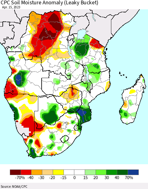 Southern Africa CPC Soil Moisture Anomaly (Leaky Bucket) Thematic Map For 4/11/2023 - 4/15/2023