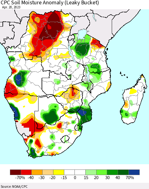 Southern Africa CPC Soil Moisture Anomaly (Leaky Bucket) Thematic Map For 4/16/2023 - 4/20/2023