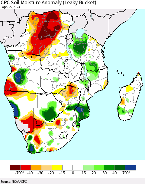 Southern Africa CPC Soil Moisture Anomaly (Leaky Bucket) Thematic Map For 4/21/2023 - 4/25/2023