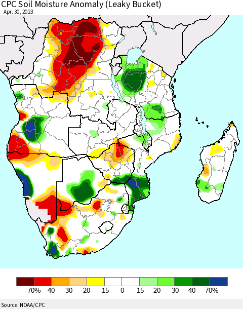 Southern Africa CPC Soil Moisture Anomaly (Leaky Bucket) Thematic Map For 4/26/2023 - 4/30/2023