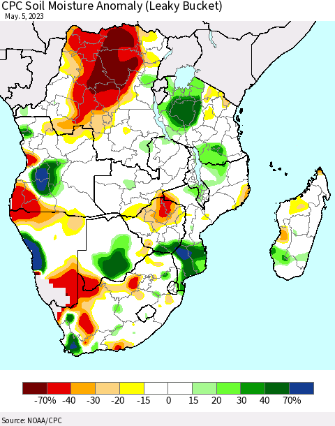 Southern Africa CPC Soil Moisture Anomaly (Leaky Bucket) Thematic Map For 5/1/2023 - 5/5/2023