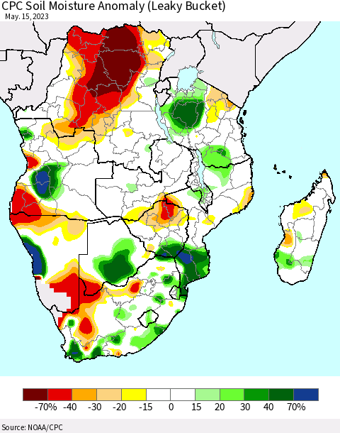 Southern Africa CPC Soil Moisture Anomaly (Leaky Bucket) Thematic Map For 5/11/2023 - 5/15/2023