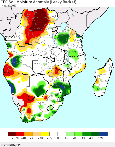 Southern Africa CPC Soil Moisture Anomaly (Leaky Bucket) Thematic Map For 5/16/2023 - 5/20/2023