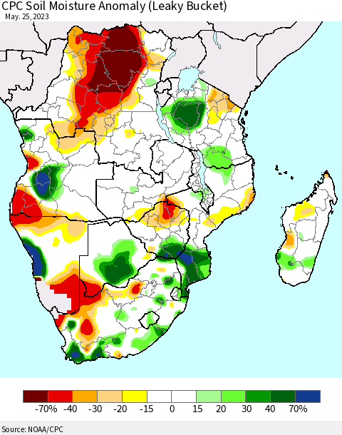 Southern Africa CPC Soil Moisture Anomaly (Leaky Bucket) Thematic Map For 5/21/2023 - 5/25/2023
