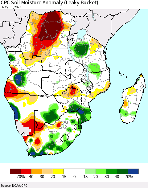 Southern Africa CPC Soil Moisture Anomaly (Leaky Bucket) Thematic Map For 5/26/2023 - 5/31/2023