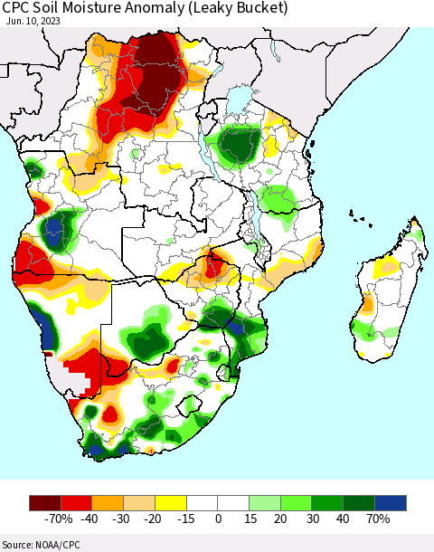 Southern Africa CPC Soil Moisture Anomaly (Leaky Bucket) Thematic Map For 6/6/2023 - 6/10/2023