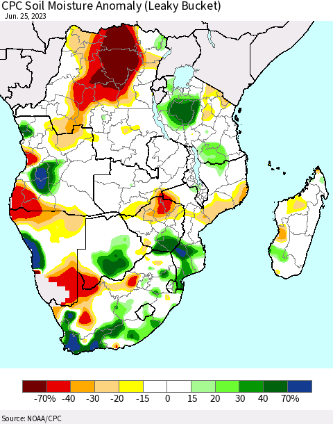 Southern Africa CPC Soil Moisture Anomaly (Leaky Bucket) Thematic Map For 6/21/2023 - 6/25/2023