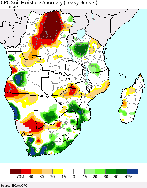 Southern Africa CPC Soil Moisture Anomaly (Leaky Bucket) Thematic Map For 7/6/2023 - 7/10/2023