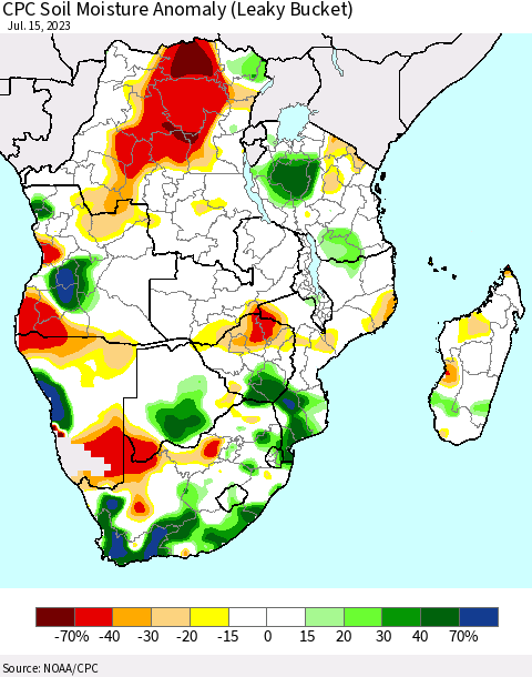 Southern Africa CPC Soil Moisture Anomaly (Leaky Bucket) Thematic Map For 7/11/2023 - 7/15/2023