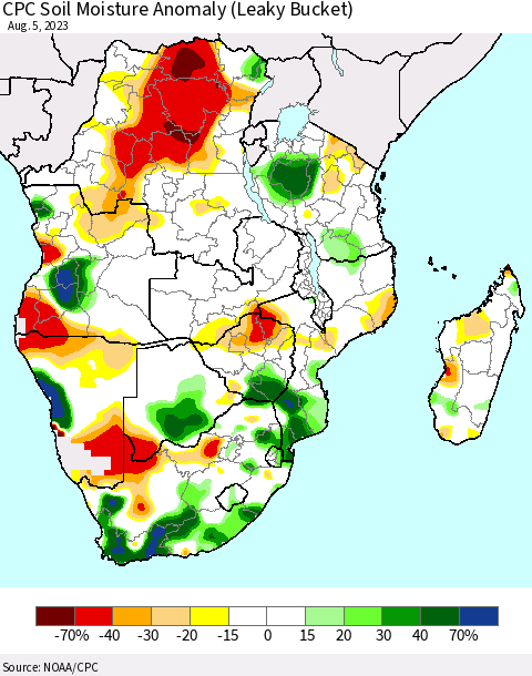 Southern Africa CPC Soil Moisture Anomaly (Leaky Bucket) Thematic Map For 8/1/2023 - 8/5/2023