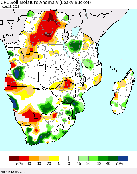 Southern Africa CPC Soil Moisture Anomaly (Leaky Bucket) Thematic Map For 8/11/2023 - 8/15/2023
