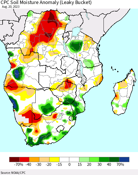 Southern Africa CPC Soil Moisture Anomaly (Leaky Bucket) Thematic Map For 8/16/2023 - 8/20/2023