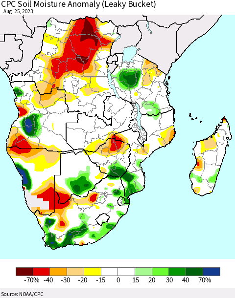 Southern Africa CPC Soil Moisture Anomaly (Leaky Bucket) Thematic Map For 8/21/2023 - 8/25/2023