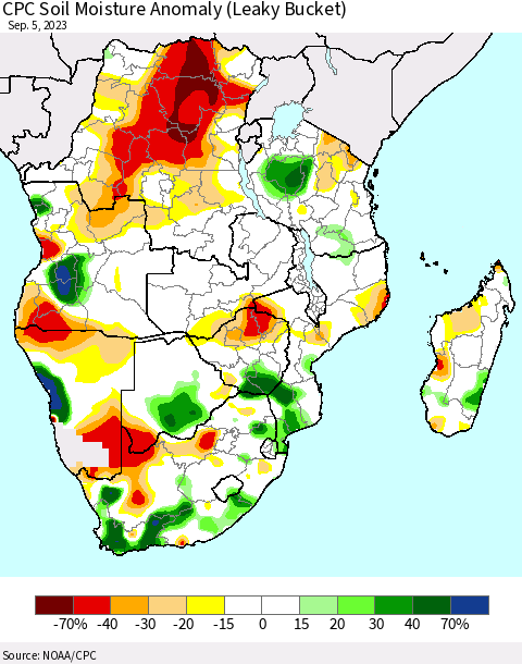 Southern Africa CPC Soil Moisture Anomaly (Leaky Bucket) Thematic Map For 9/1/2023 - 9/5/2023