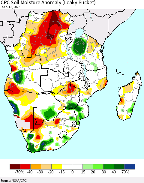 Southern Africa CPC Soil Moisture Anomaly (Leaky Bucket) Thematic Map For 9/11/2023 - 9/15/2023