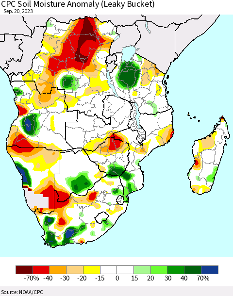 Southern Africa CPC Soil Moisture Anomaly (Leaky Bucket) Thematic Map For 9/16/2023 - 9/20/2023