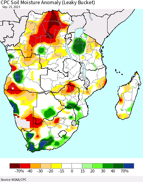 Southern Africa CPC Soil Moisture Anomaly (Leaky Bucket) Thematic Map For 9/21/2023 - 9/25/2023