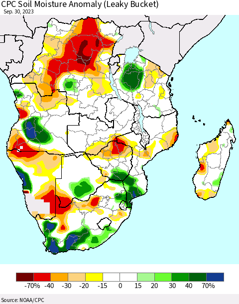Southern Africa CPC Soil Moisture Anomaly (Leaky Bucket) Thematic Map For 9/26/2023 - 9/30/2023
