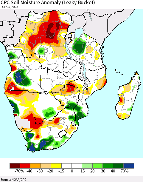 Southern Africa CPC Soil Moisture Anomaly (Leaky Bucket) Thematic Map For 10/1/2023 - 10/5/2023