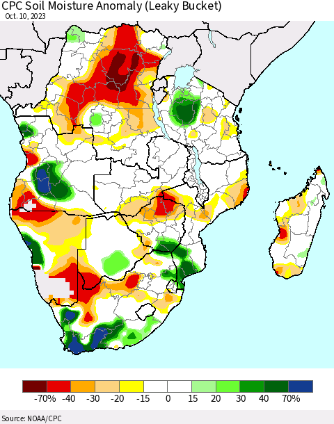 Southern Africa CPC Soil Moisture Anomaly (Leaky Bucket) Thematic Map For 10/6/2023 - 10/10/2023
