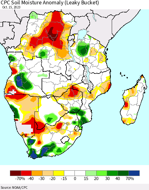 Southern Africa CPC Soil Moisture Anomaly (Leaky Bucket) Thematic Map For 10/11/2023 - 10/15/2023