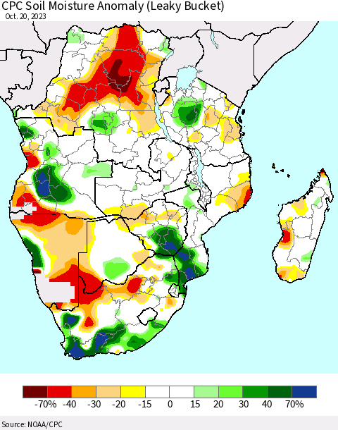 Southern Africa CPC Soil Moisture Anomaly (Leaky Bucket) Thematic Map For 10/16/2023 - 10/20/2023