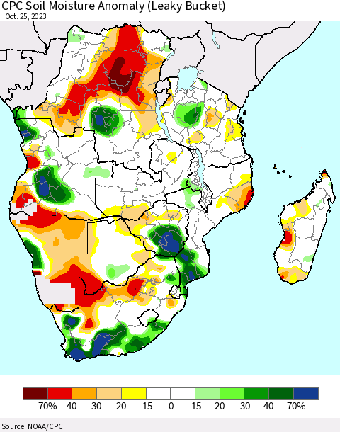 Southern Africa CPC Soil Moisture Anomaly (Leaky Bucket) Thematic Map For 10/21/2023 - 10/25/2023