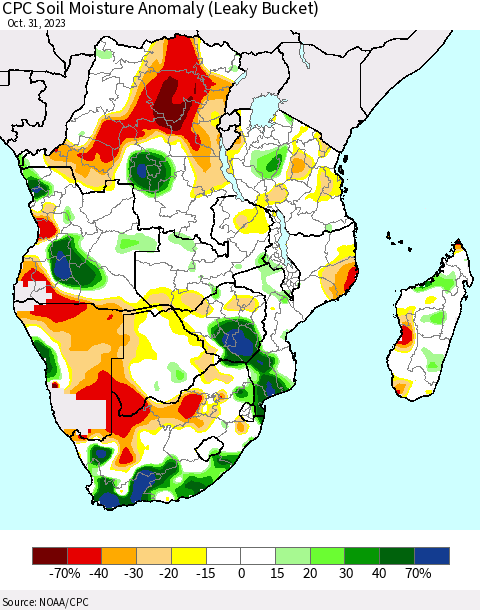 Southern Africa CPC Soil Moisture Anomaly (Leaky Bucket) Thematic Map For 10/26/2023 - 10/31/2023