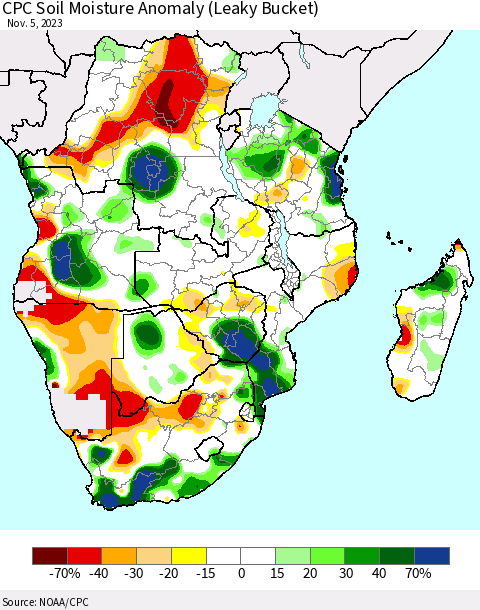 Southern Africa CPC Soil Moisture Anomaly (Leaky Bucket) Thematic Map For 11/1/2023 - 11/5/2023