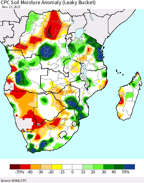 Southern Africa CPC Soil Moisture Anomaly (Leaky Bucket) Thematic Map For 11/11/2023 - 11/15/2023