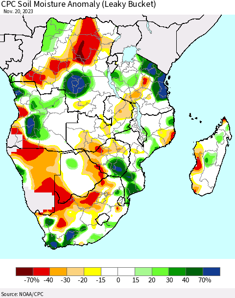 Southern Africa CPC Soil Moisture Anomaly (Leaky Bucket) Thematic Map For 11/16/2023 - 11/20/2023