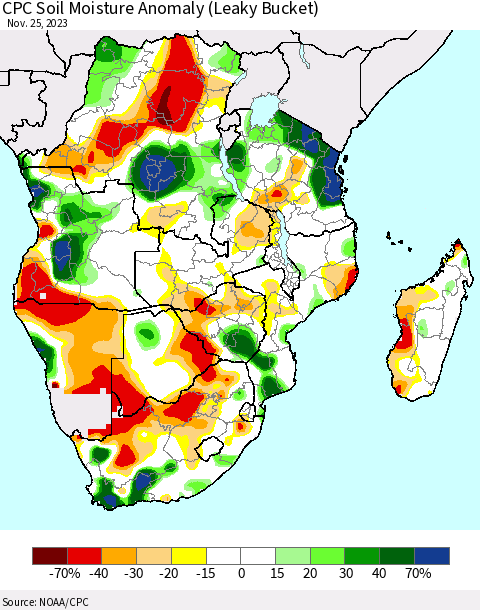 Southern Africa CPC Soil Moisture Anomaly (Leaky Bucket) Thematic Map For 11/21/2023 - 11/25/2023