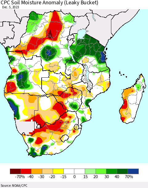 Southern Africa CPC Soil Moisture Anomaly (Leaky Bucket) Thematic Map For 12/1/2023 - 12/5/2023