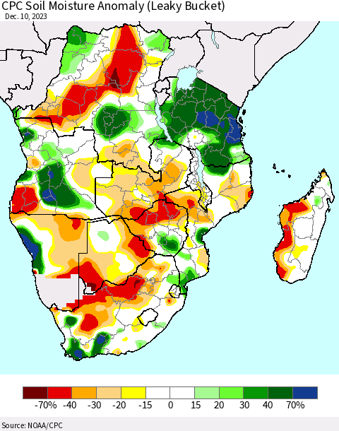 Southern Africa CPC Soil Moisture Anomaly (Leaky Bucket) Thematic Map For 12/6/2023 - 12/10/2023
