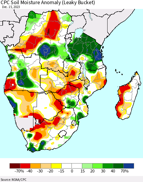 Southern Africa CPC Soil Moisture Anomaly (Leaky Bucket) Thematic Map For 12/11/2023 - 12/15/2023