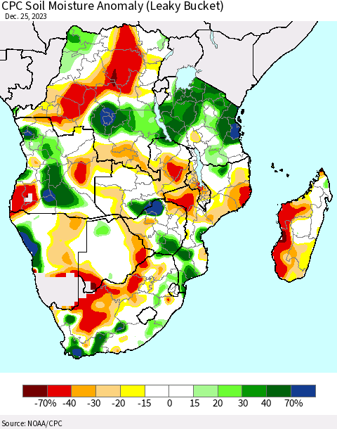 Southern Africa CPC Soil Moisture Anomaly (Leaky Bucket) Thematic Map For 12/21/2023 - 12/25/2023