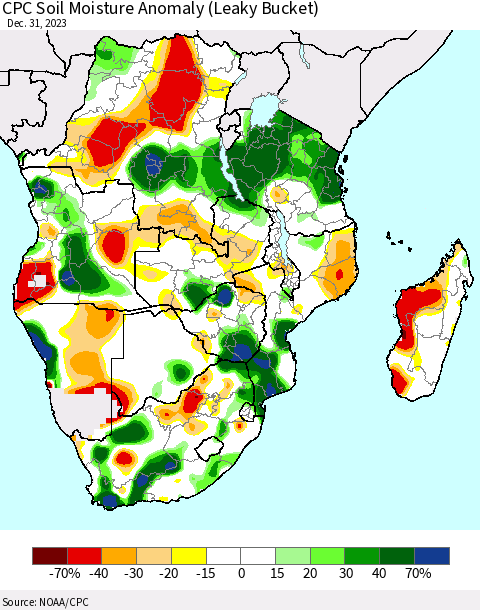 Southern Africa CPC Soil Moisture Anomaly (Leaky Bucket) Thematic Map For 12/26/2023 - 12/31/2023