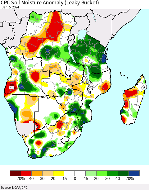 Southern Africa CPC Soil Moisture Anomaly (Leaky Bucket) Thematic Map For 1/1/2024 - 1/5/2024