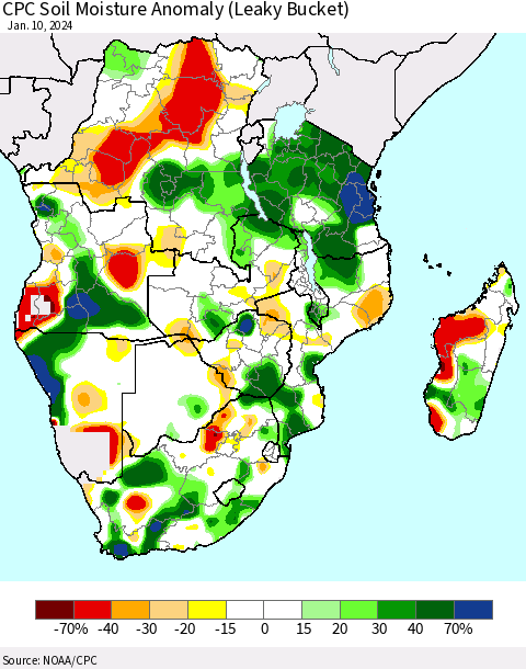 Southern Africa CPC Soil Moisture Anomaly (Leaky Bucket) Thematic Map For 1/6/2024 - 1/10/2024