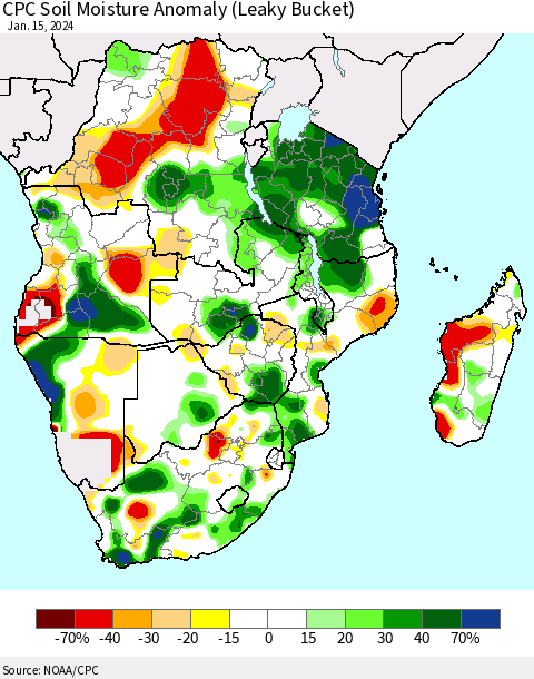 Southern Africa CPC Soil Moisture Anomaly (Leaky Bucket) Thematic Map For 1/11/2024 - 1/15/2024