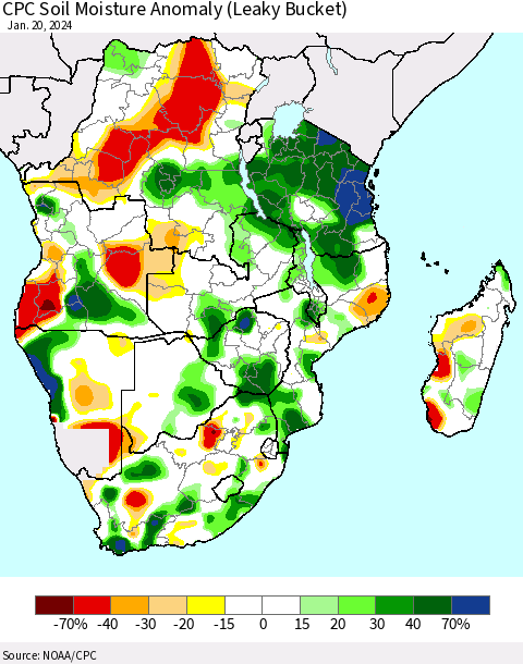 Southern Africa CPC Soil Moisture Anomaly (Leaky Bucket) Thematic Map For 1/16/2024 - 1/20/2024