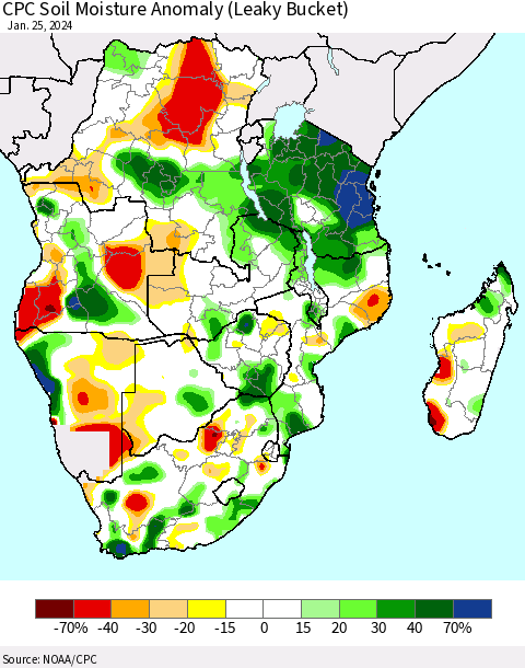 Southern Africa CPC Soil Moisture Anomaly (Leaky Bucket) Thematic Map For 1/21/2024 - 1/25/2024