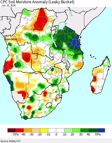 Southern Africa CPC Soil Moisture Anomaly (Leaky Bucket) Thematic Map For 1/26/2024 - 1/31/2024