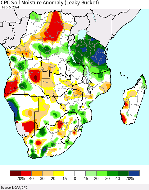 Southern Africa CPC Soil Moisture Anomaly (Leaky Bucket) Thematic Map For 2/1/2024 - 2/5/2024