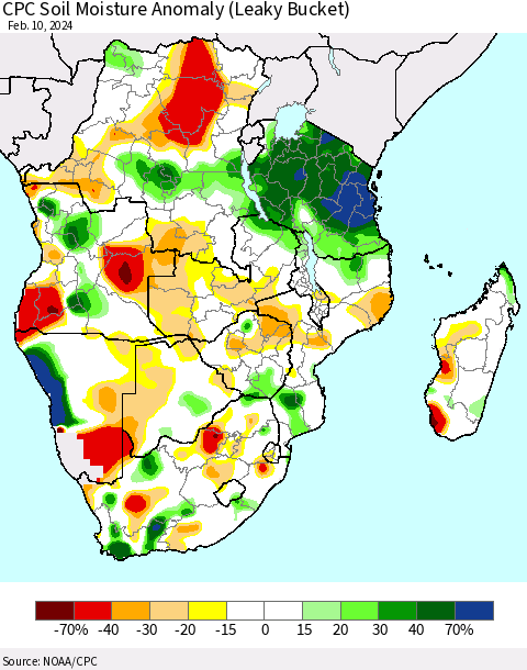 Southern Africa CPC Soil Moisture Anomaly (Leaky Bucket) Thematic Map For 2/6/2024 - 2/10/2024