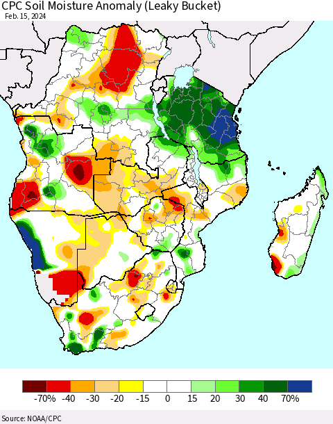 Southern Africa CPC Soil Moisture Anomaly (Leaky Bucket) Thematic Map For 2/11/2024 - 2/15/2024