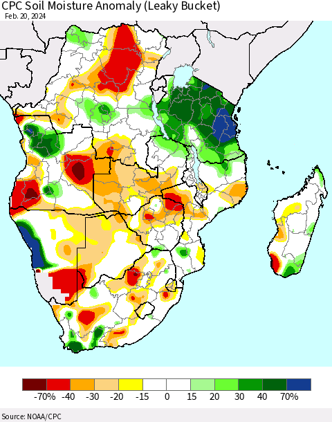 Southern Africa CPC Soil Moisture Anomaly (Leaky Bucket) Thematic Map For 2/16/2024 - 2/20/2024
